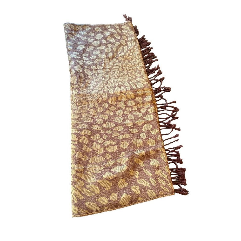 Brown Gold Animal Print Knit Scarf  Fringe Rectangle‎